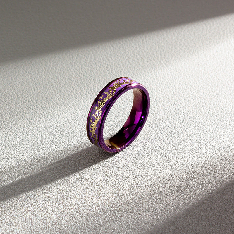 Wholesale 2024  Internet Popular Jewelry Inlaid with Dragon and Phoenix Pattern Purple Titanium Steel Ring Couple's Ring